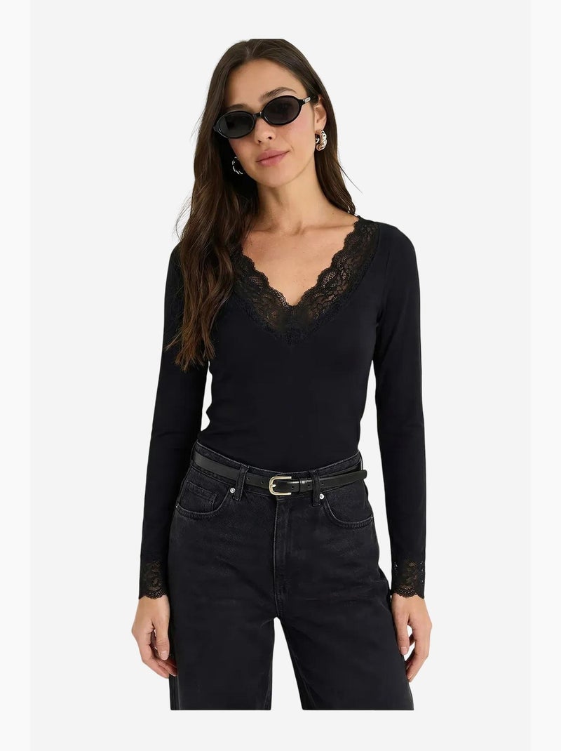 T-shirt lange mouwen v-hals kant lucci Zwart - Kiabi