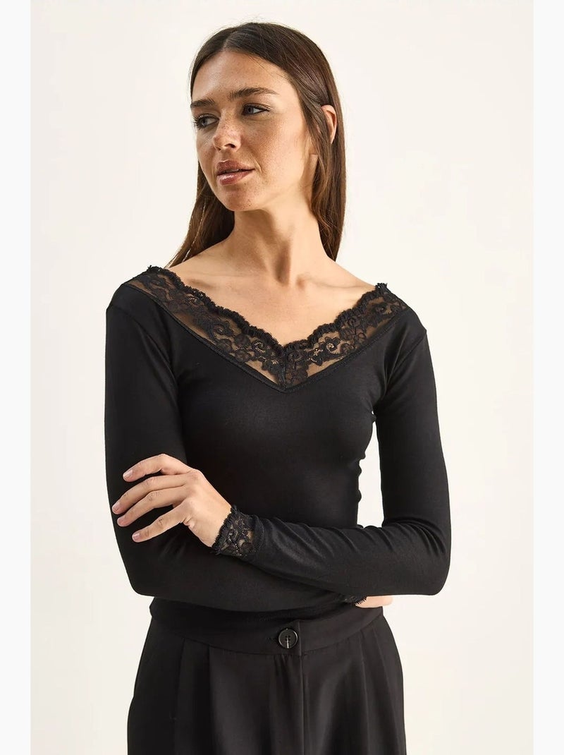 T-shirt lange mouwen v-hals kant lucci Zwart - Kiabi