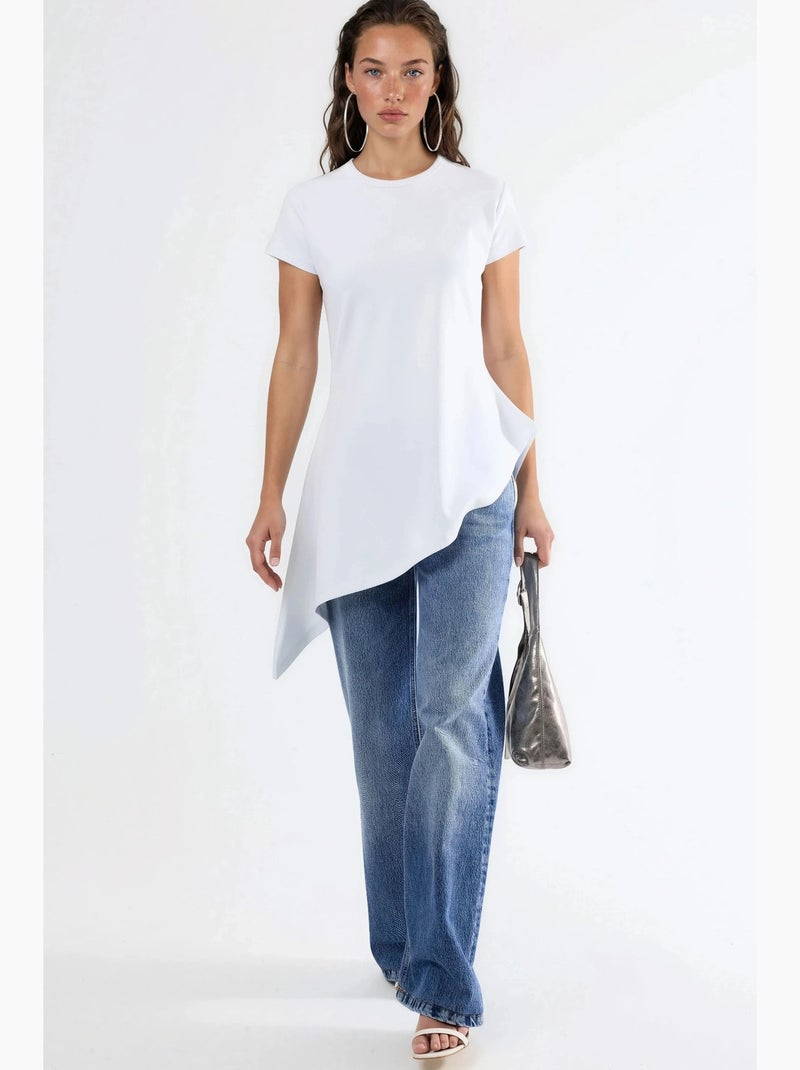 T-shirt long en mélange de coton à col rond busem Blanc - Kiabi