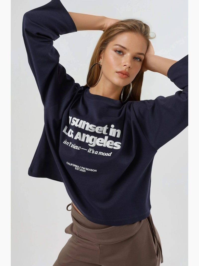 T-shirt los model ronde hals print achter lange mouwen busem Marineblauw - Kiabi