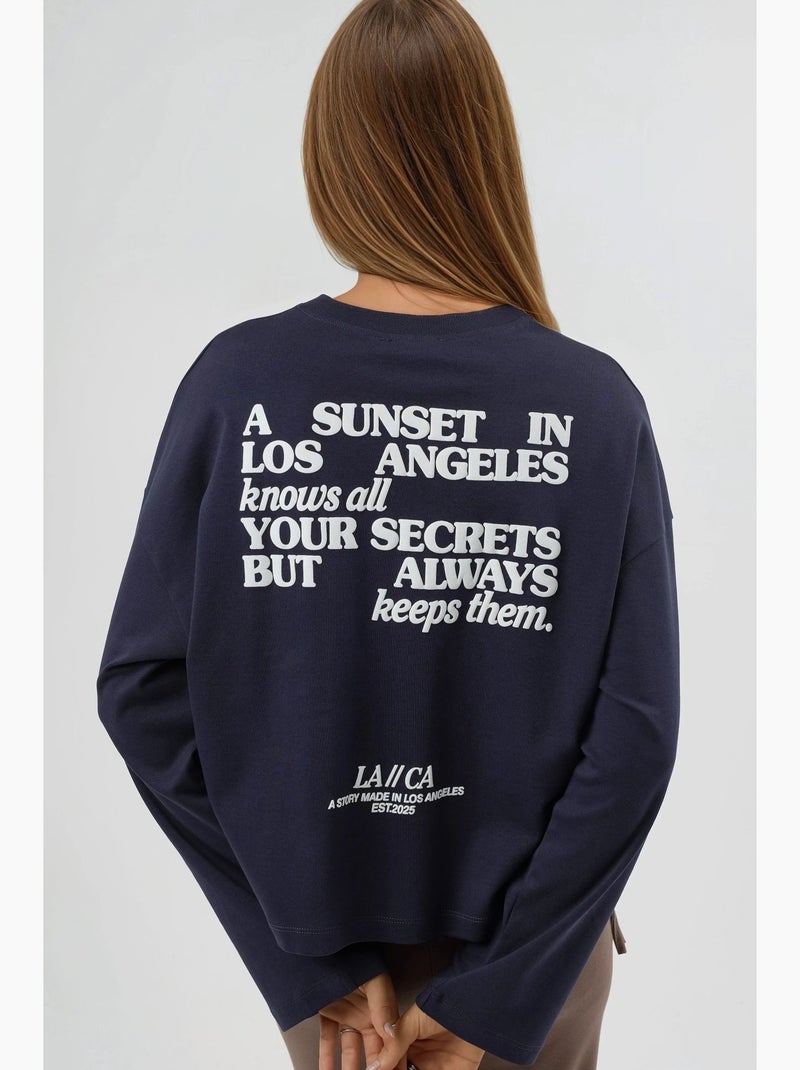 T-shirt los model ronde hals print achter lange mouwen busem Marineblauw - Kiabi
