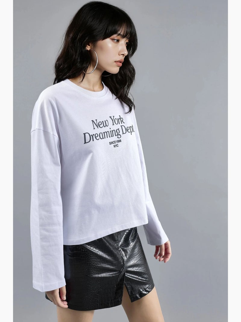 T-shirt los model ronde hals print achter lange mouwen busem Wit - Kiabi