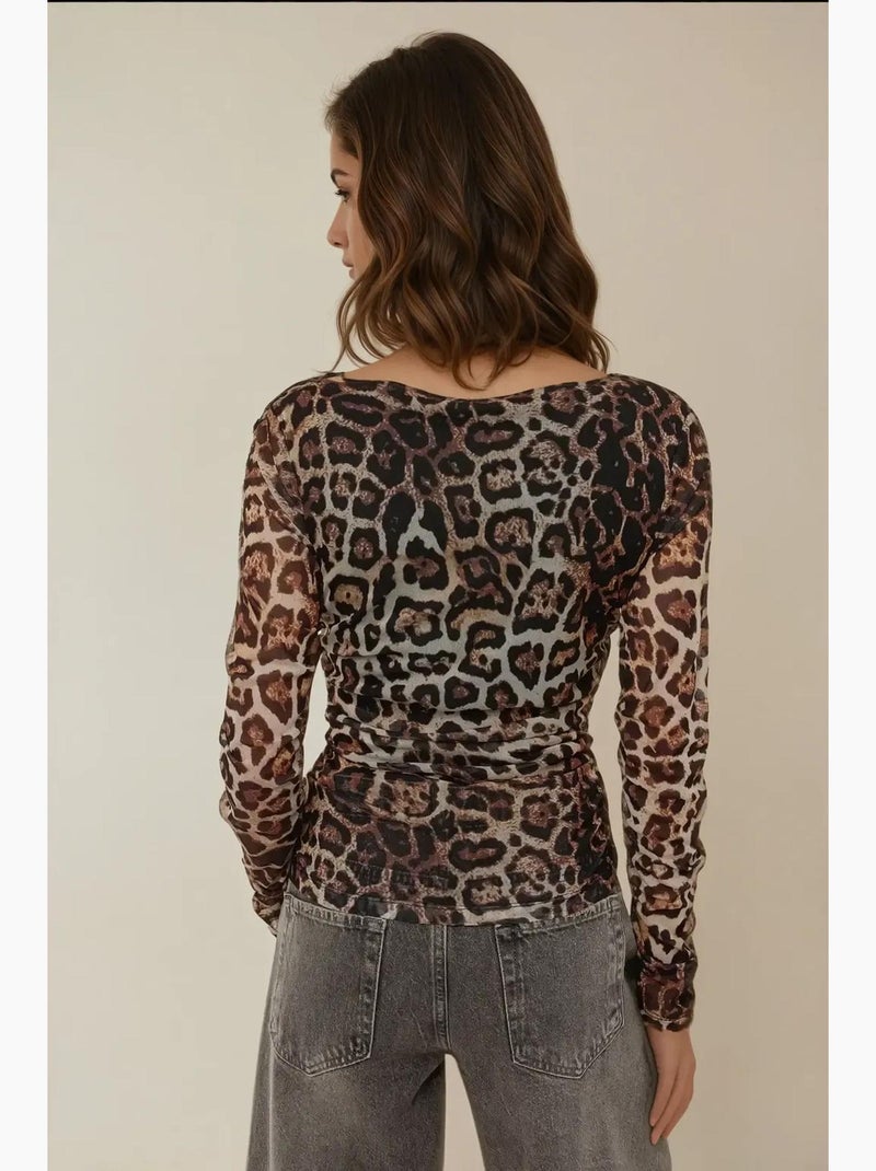 T-shirt luipaardprint boothals drapering lange mouw hiccup Zwart Bruin - Kiabi