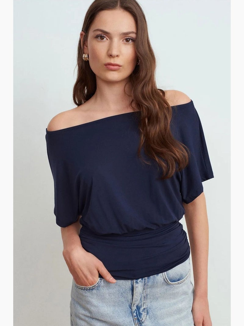 T-shirt maille détails ajourés col rond manches courtes dilvin Bleu marine - Kiabi