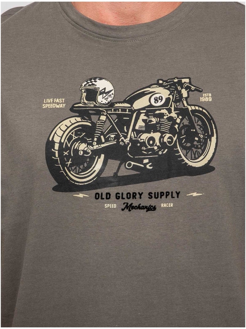 T shirt manches courtes coton motif moto jatoulo Kaki - Kiabi