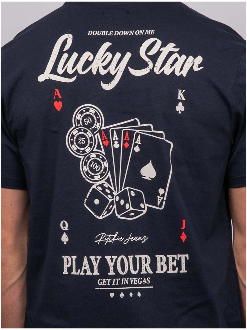 T shirt manches courtes coton motif poker joplayer Bleu marine - Kiabi