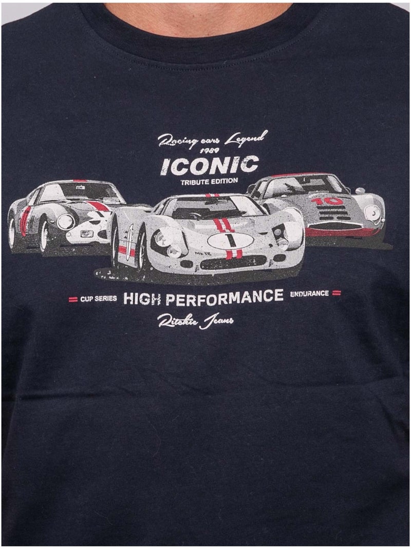 T shirt manches courtes coton motif voitures de course jigator Bleu marine - Kiabi