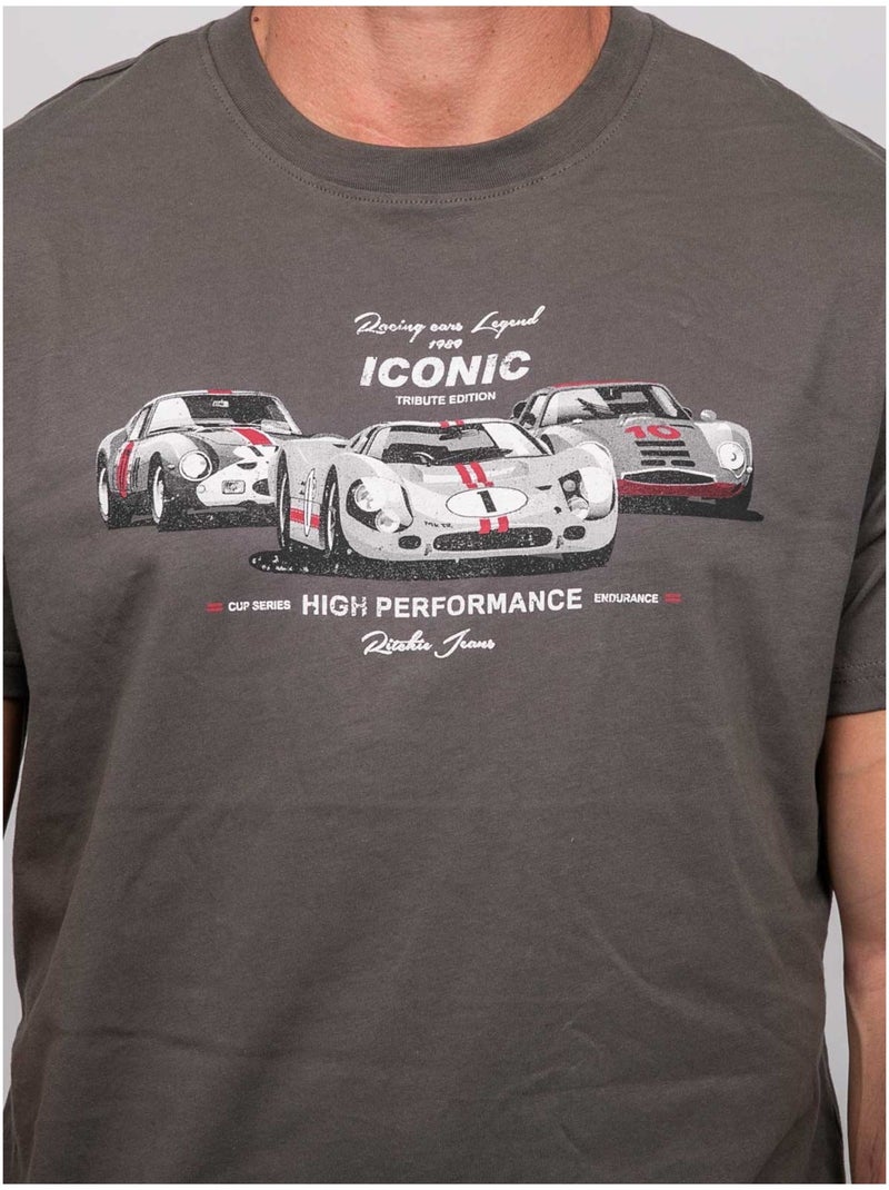 T shirt manches courtes coton motif voitures de course jigator Kaki - Kiabi