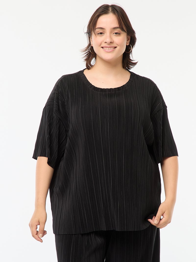 T-shirt manches courtes en matière plissée Noir - Kiabi