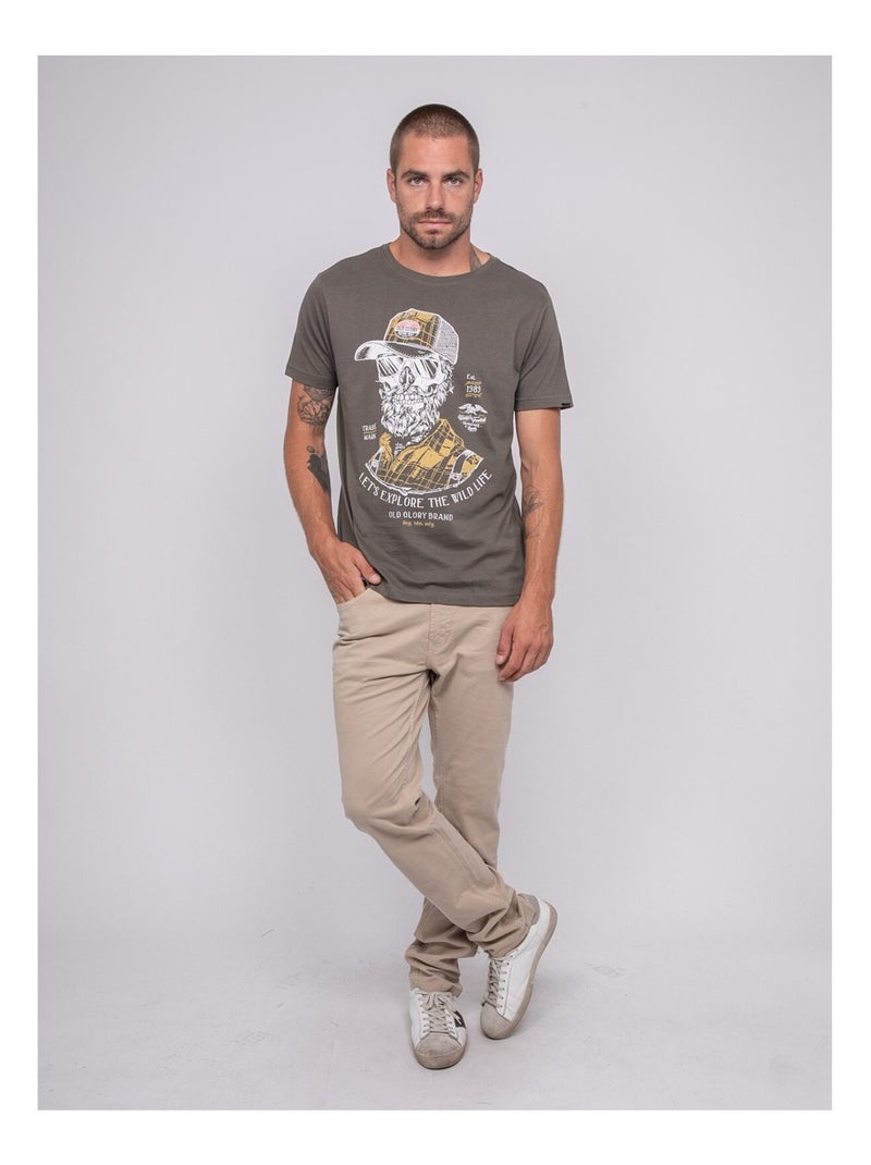 T-shirt manches courtes imprimé jaguar Kaki - Kiabi