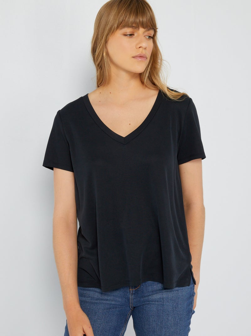 T-shirt manches courtes matière douce noir - Kiabi