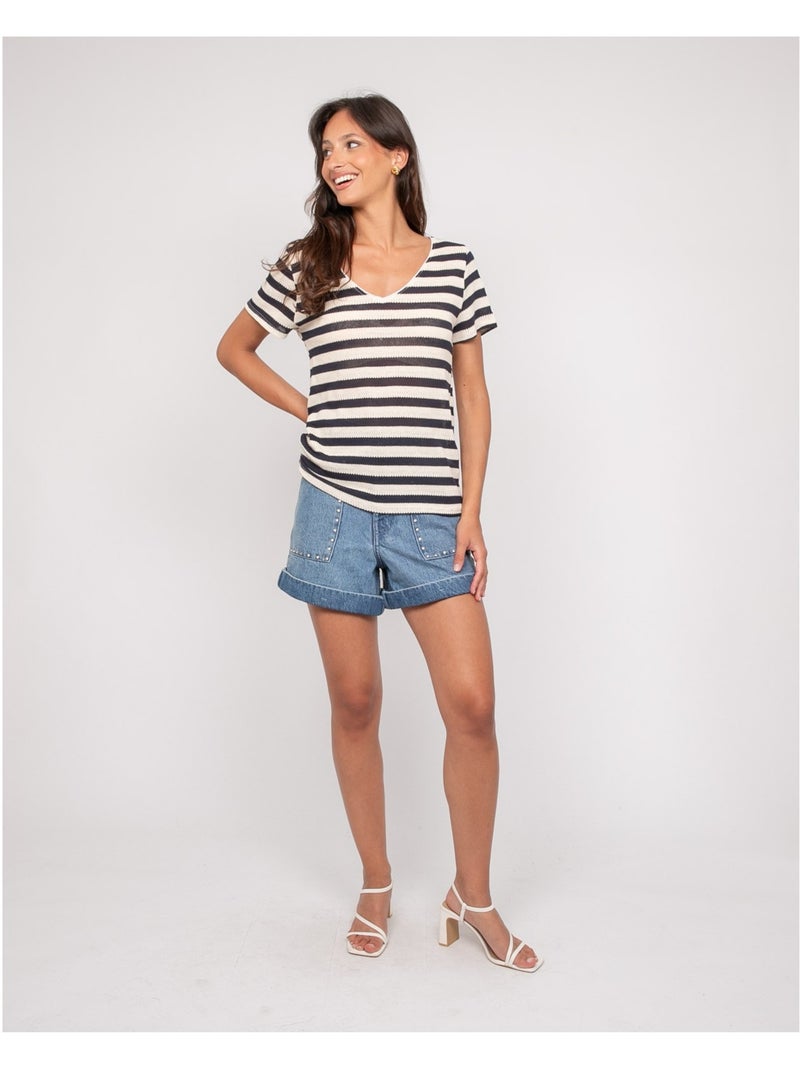 T-shirt manches courtes rayures figo Bleu marine - Kiabi