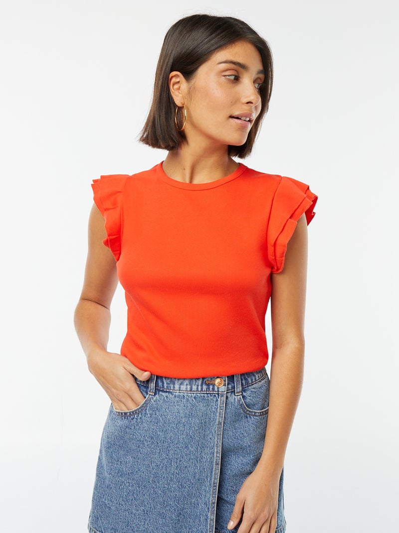 T-shirt manches courtes volantées rouge - Kiabi