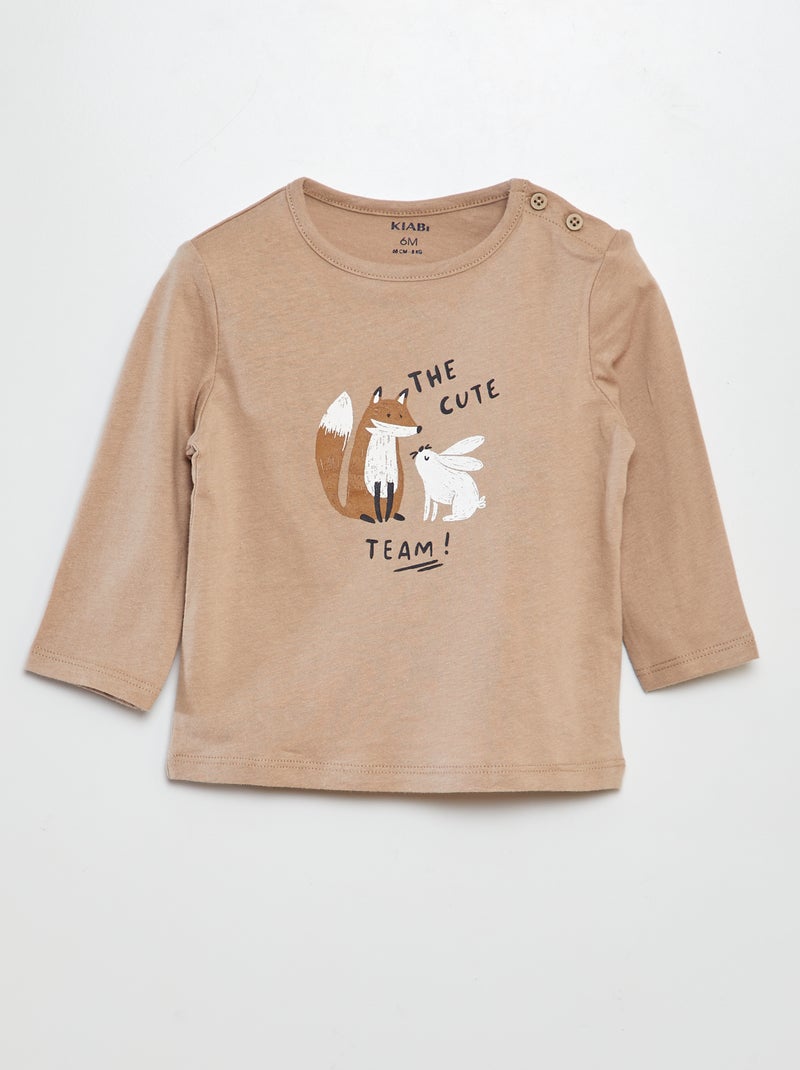 T-shirt manches longues à imprimé placé Beige - Kiabi