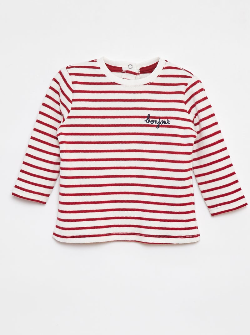 T-shirt manches longues avec 'bonjour' brodé sur la poitrine Blanc - Kiabi