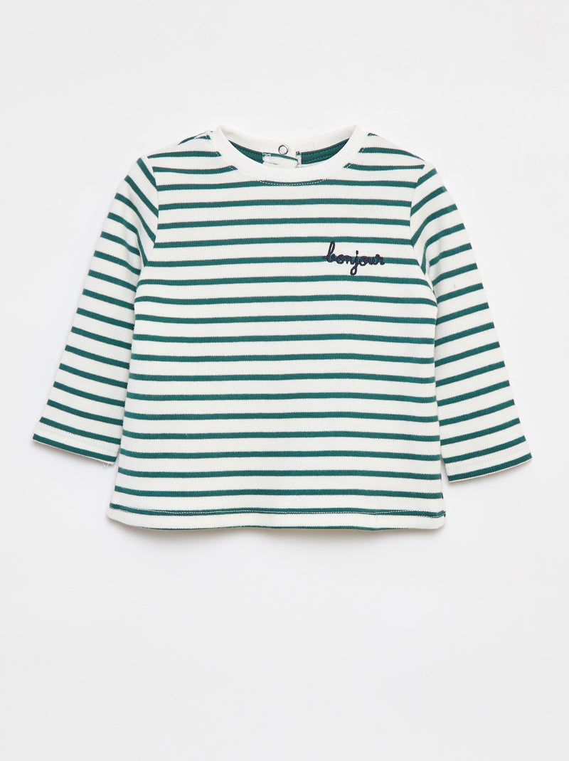 T-shirt manches longues avec 'bonjour' brodé sur la poitrine Blanc - Kiabi