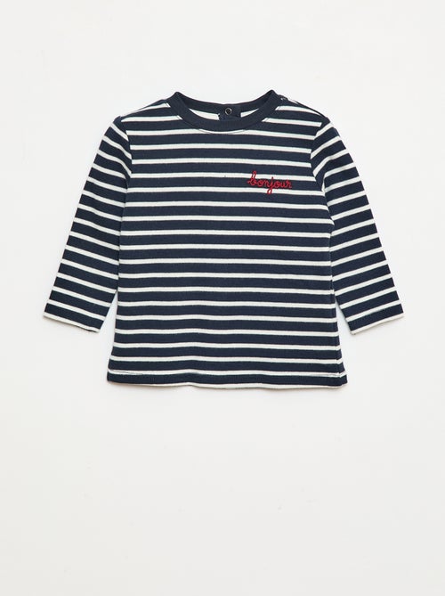 T-shirt manches longues avec 'bonjour' brodé sur la poitrine - Kiabi