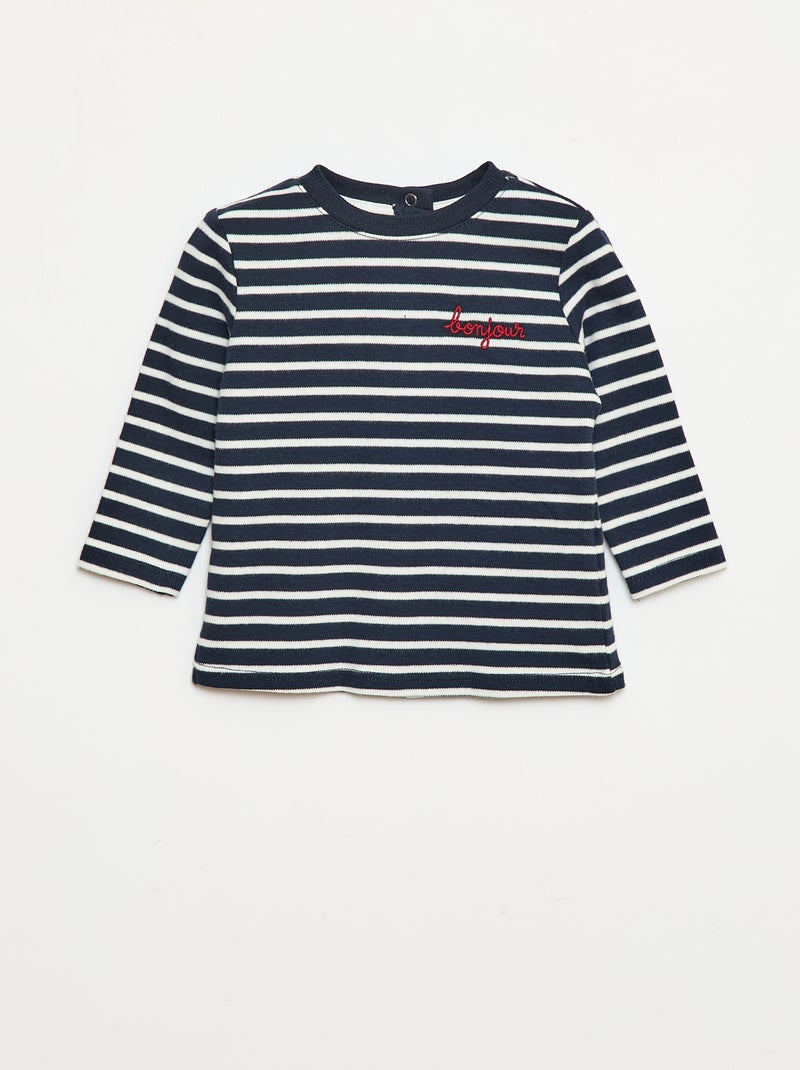 T-shirt manches longues avec 'bonjour' brodé sur la poitrine Blanc - Kiabi