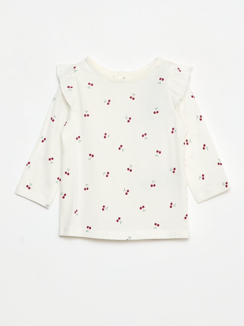 T-shirt manches longues avec emmanchures volantées et motif Blanc - Kiabi