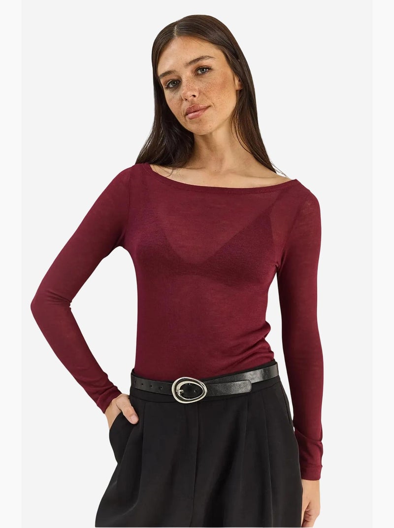 T-shirt manches longues col rond basique transparent lucci Rouge bordeaux - Kiabi