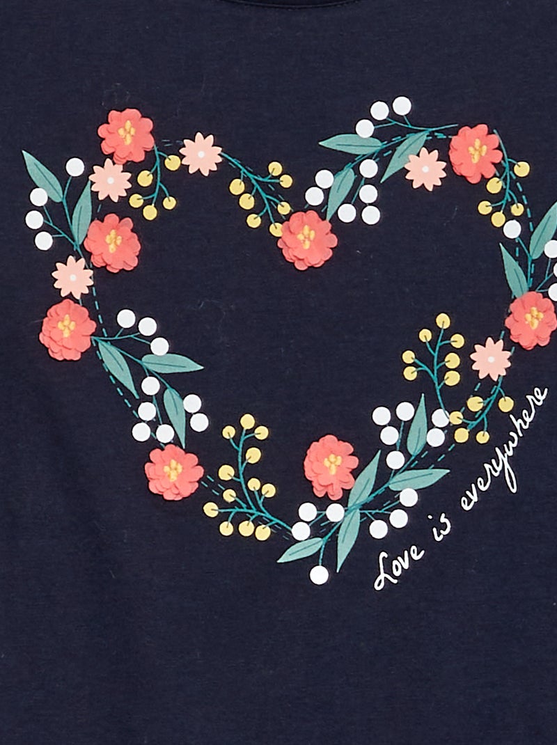 T-shirt manches longues en jersey imprimé + reliefs fantaisies Bleu - Kiabi