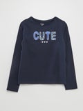 T-shirt manches longues en jersey imprimé + reliefs fantaisies Bleu marine - Kiabi