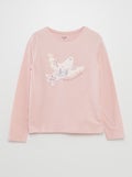 T-shirt manches longues en jersey imprimé + reliefs fantaisies Rose - Kiabi
