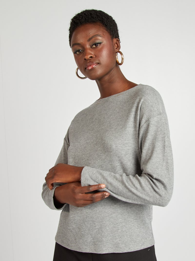 T-shirt manches longues en maille doudou Gris - Kiabi
