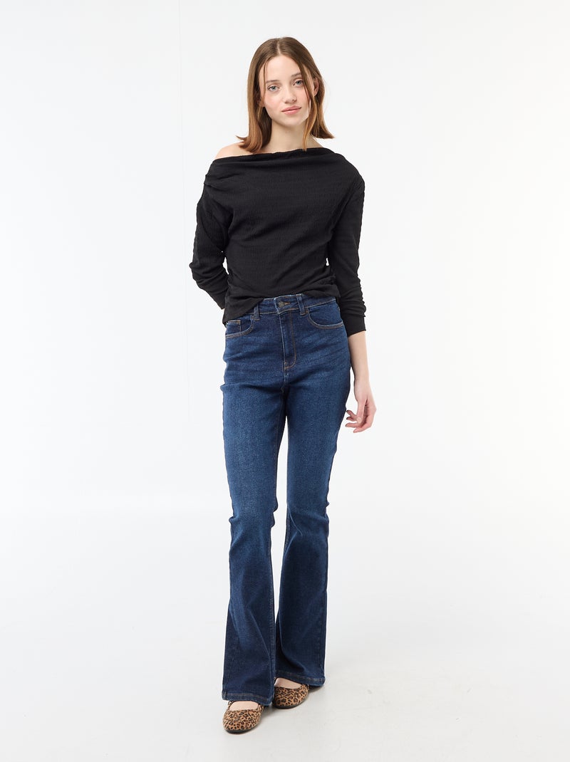 T-shirt manches longues en maille gaufrée Noir - Kiabi