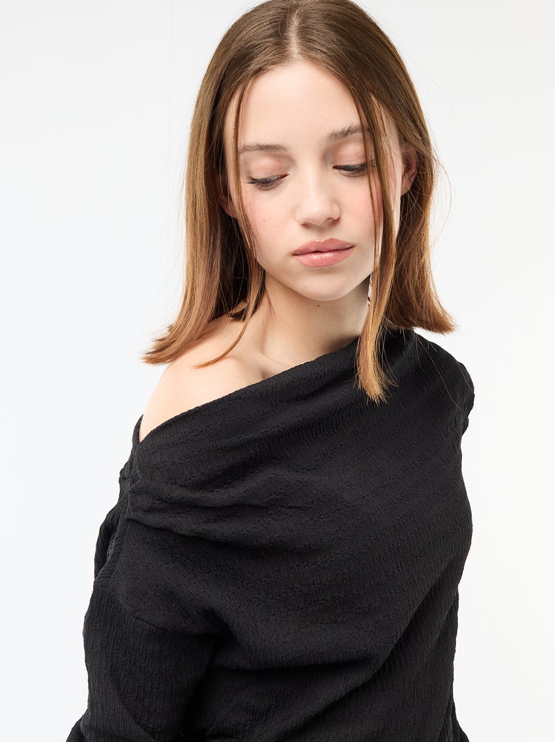 T-shirt manches longues en maille gaufrée Noir - Kiabi