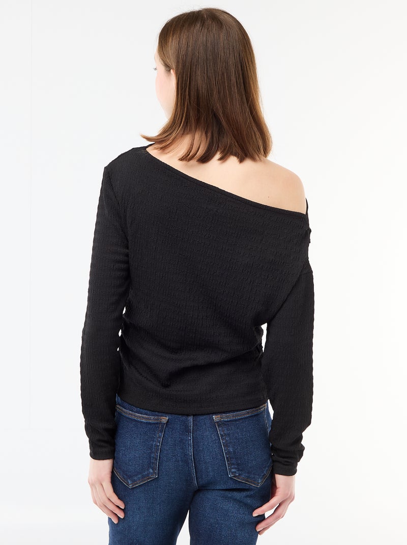 T-shirt manches longues en maille gaufrée Noir - Kiabi