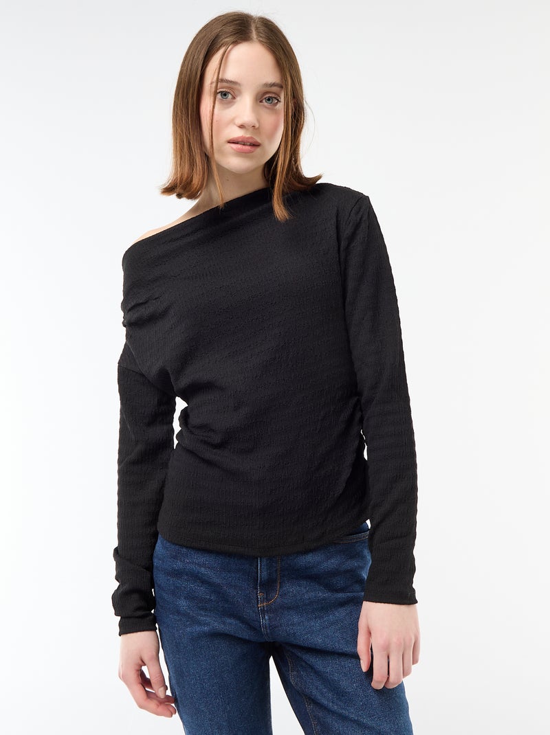 T-shirt manches longues en maille gaufrée Noir - Kiabi