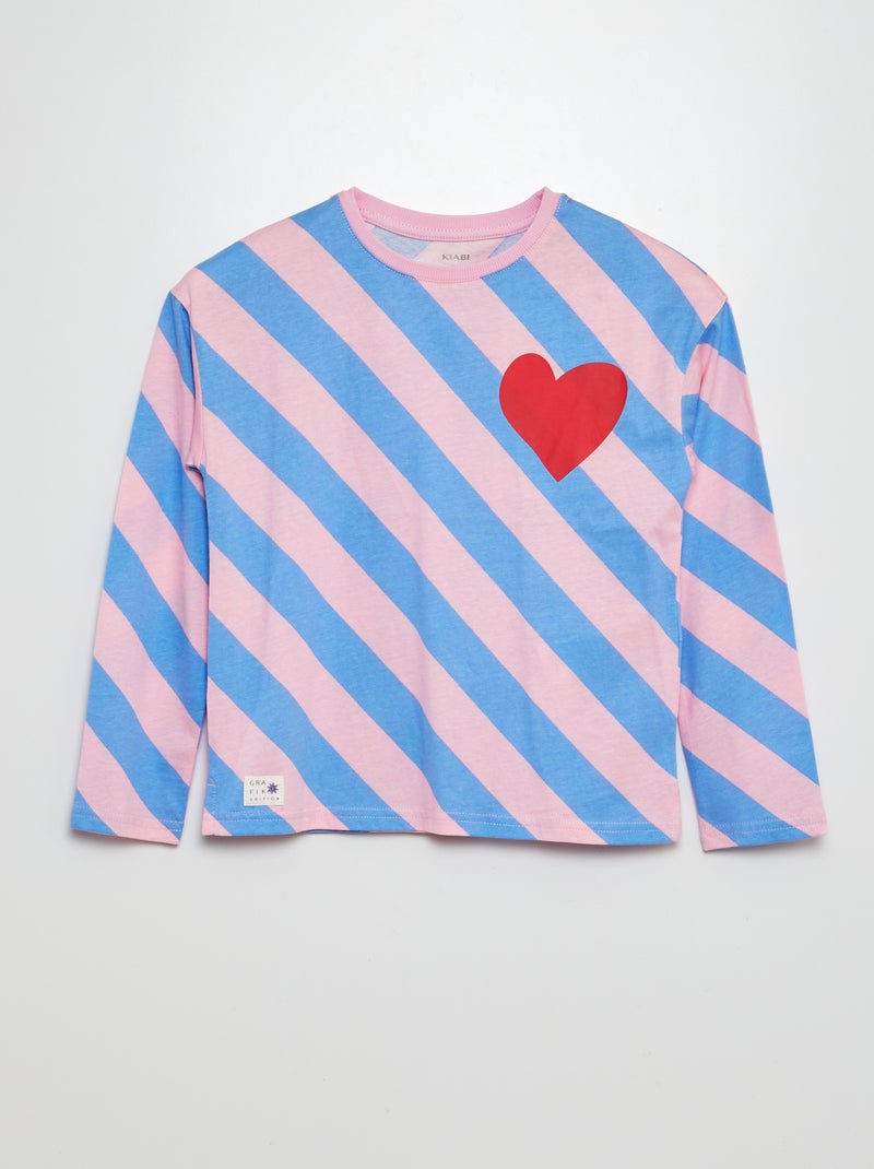 T-shirt manches longues imprimé 'cœur' Rose/bleu - Kiabi