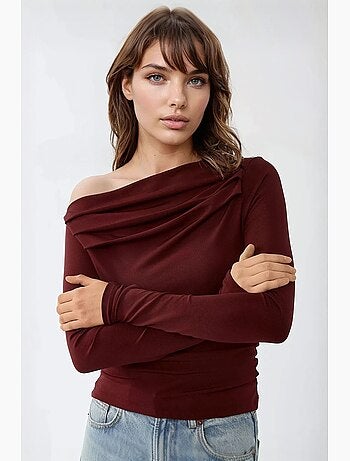 T-shirt manches longues texturé col asymétrique drapé hiccup