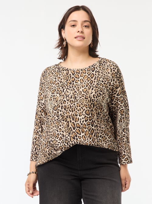 T-shirt met 3/4-mouw en luipaardmotief - Kiabi