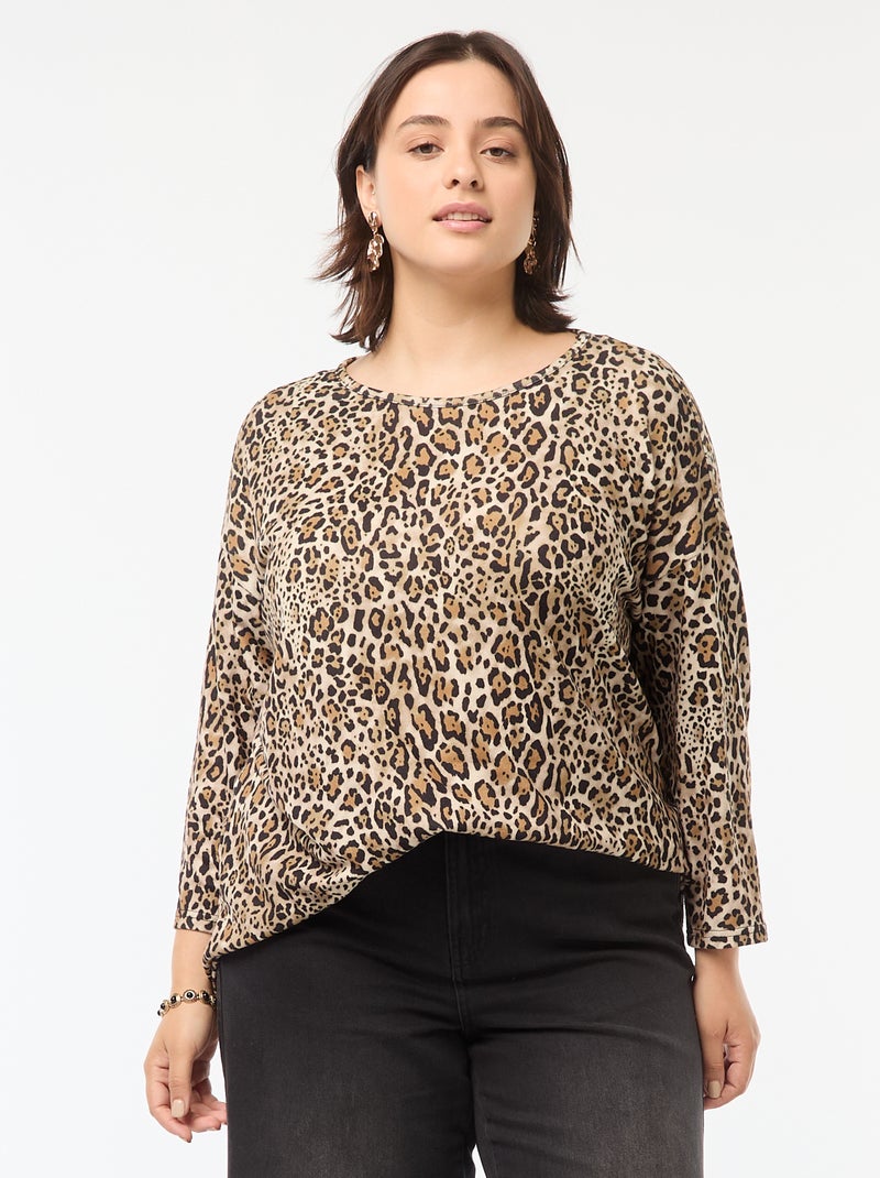 T-shirt met 3/4-mouw en luipaardmotief Bruin - Kiabi