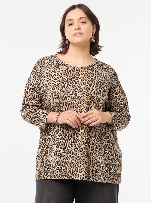 T-shirt met 3/4-mouw en luipaardmotief - Kiabi