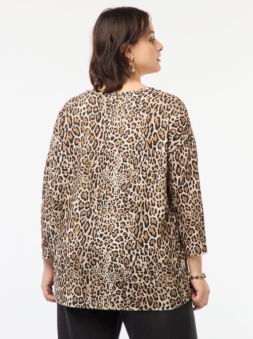 T-shirt met 3/4-mouw en luipaardmotief - Kiabi