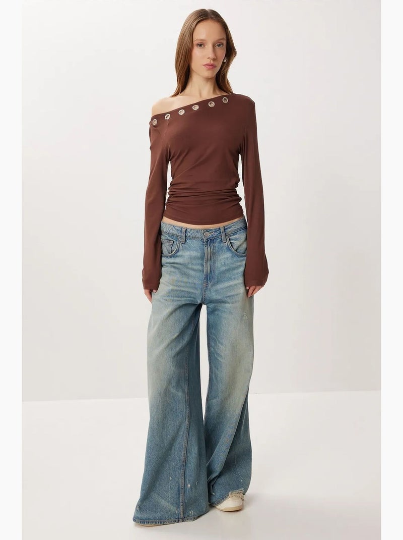 T-shirt met asymmetrische hals viscose lange mouw istanbul Chocoladebruin - Kiabi