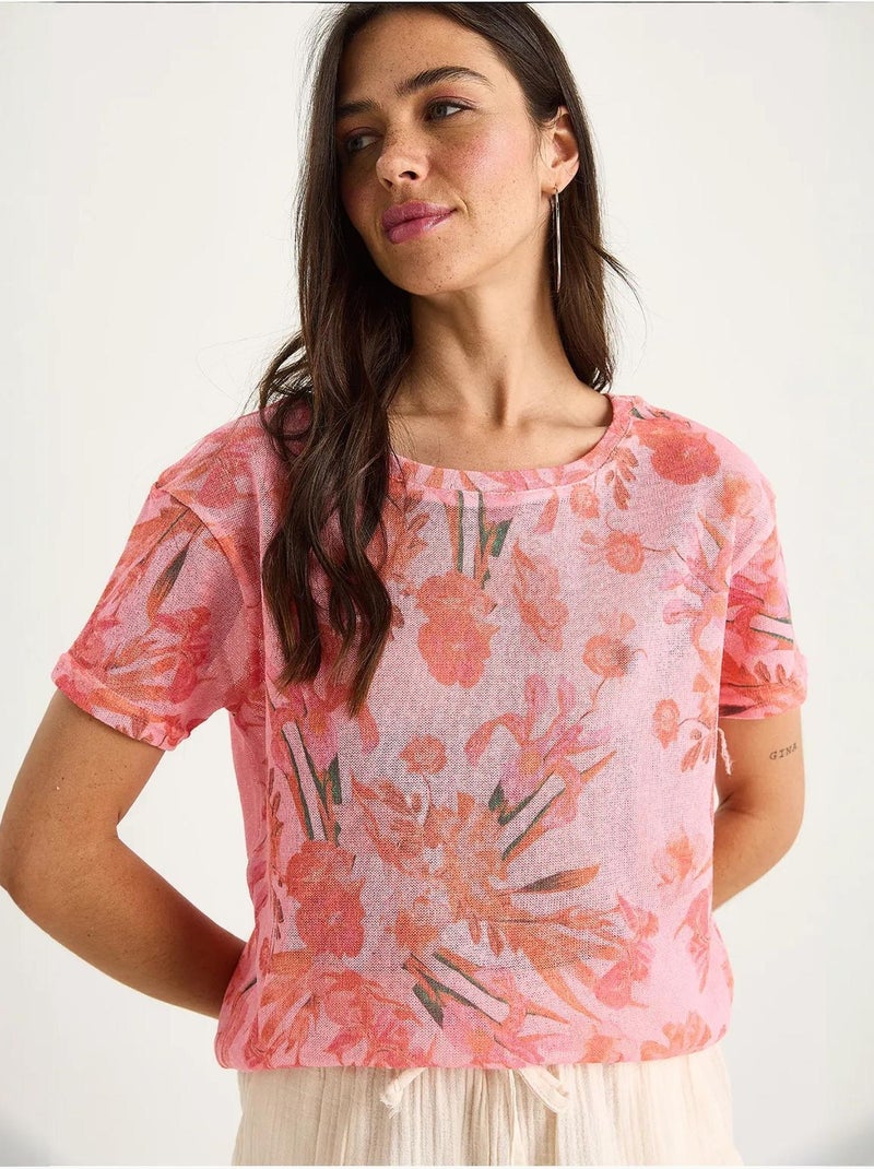 T-shirt met bloemenprint en ronde hals lucci Fluorroze/Solinotes - Kiabi