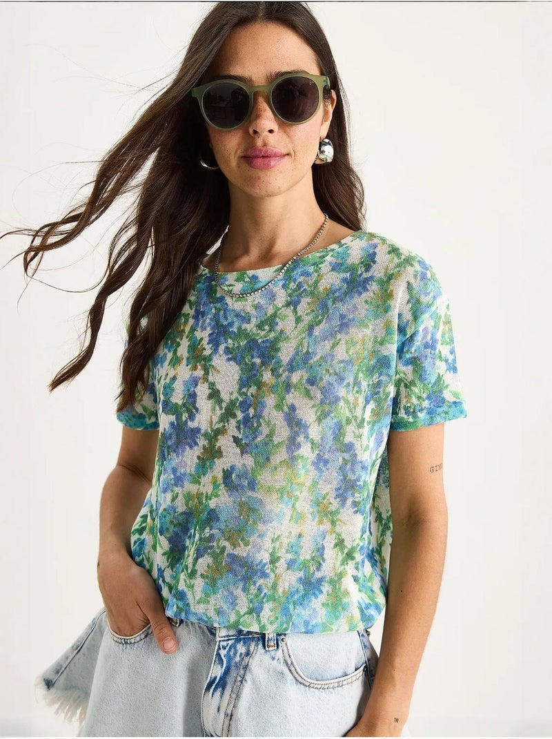 T-shirt met bloemenprint en ronde hals lucci Groen - Kiabi