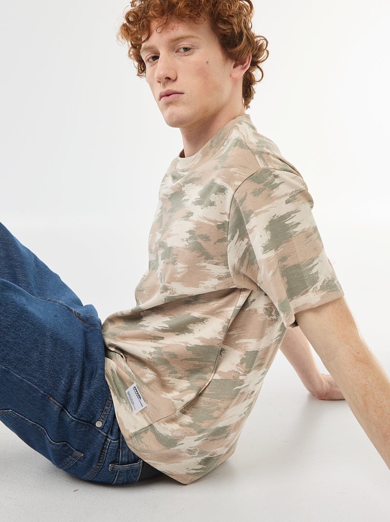 T-shirt met camouflageprint en ronde hals van katoen Groen - Kiabi