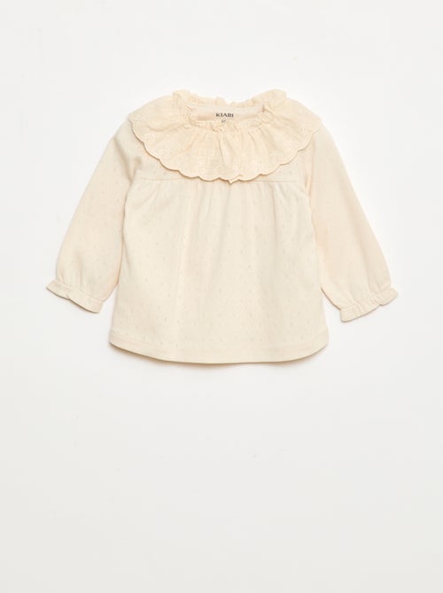 T-shirt met fijn ajourmotiefje en borduursel langs de hals - Kiabi