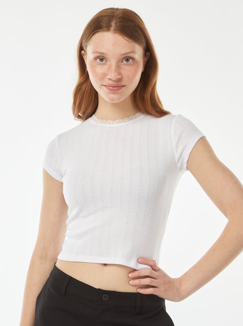T-shirt met fijn ajourmotiefje en korte mouw - Kiabi