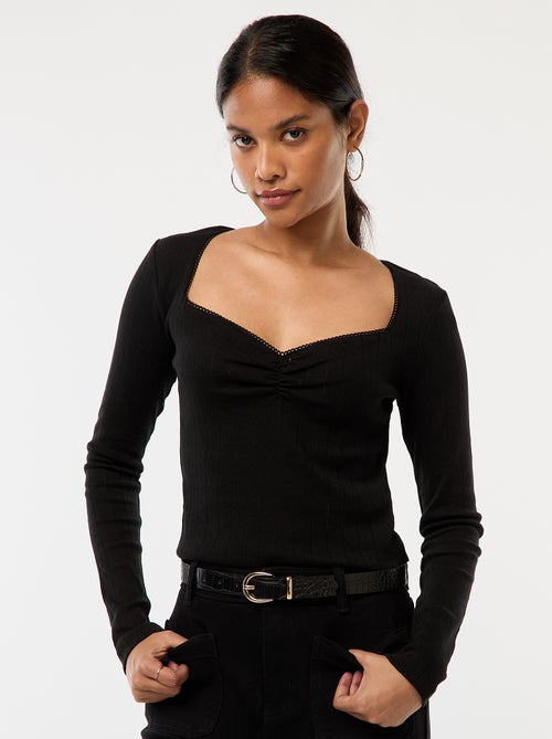 T-shirt met fijn ajourmotiefje en lange mowuen - Kiabi