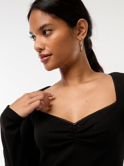 T-shirt met fijn ajourmotiefje en lange mowuen - Kiabi