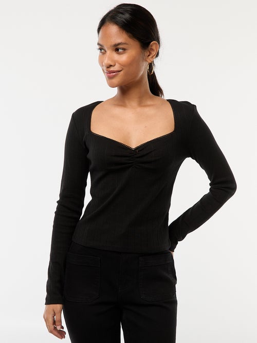 T-shirt met fijn ajourmotiefje en lange mowuen - Kiabi