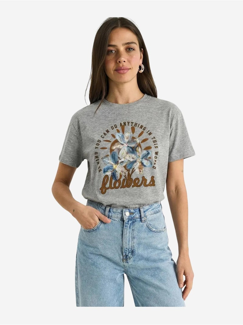 T-shirt met geborduurde bloemenprint en ronde hals lucci Grijs - Kiabi