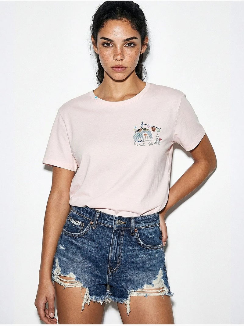 T-shirt met geborduurde ronde hals lucci Bleekroze - Kiabi