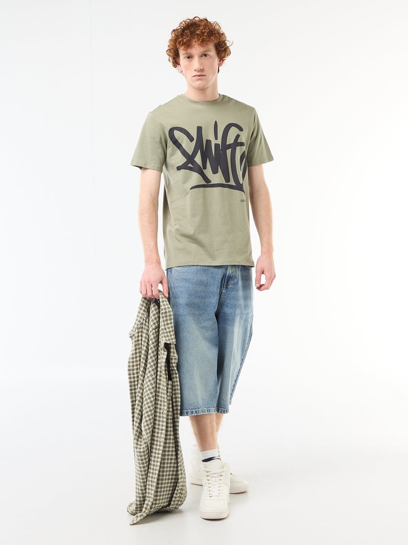 T-shirt met geplaatste print van effen katoen Groen - Kiabi